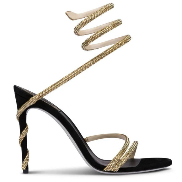 Rene Caovilla Margot Black Gold Crystal Ankle Wrap Strap Sandal Heel Pump 37 - Picture 1 of 12
